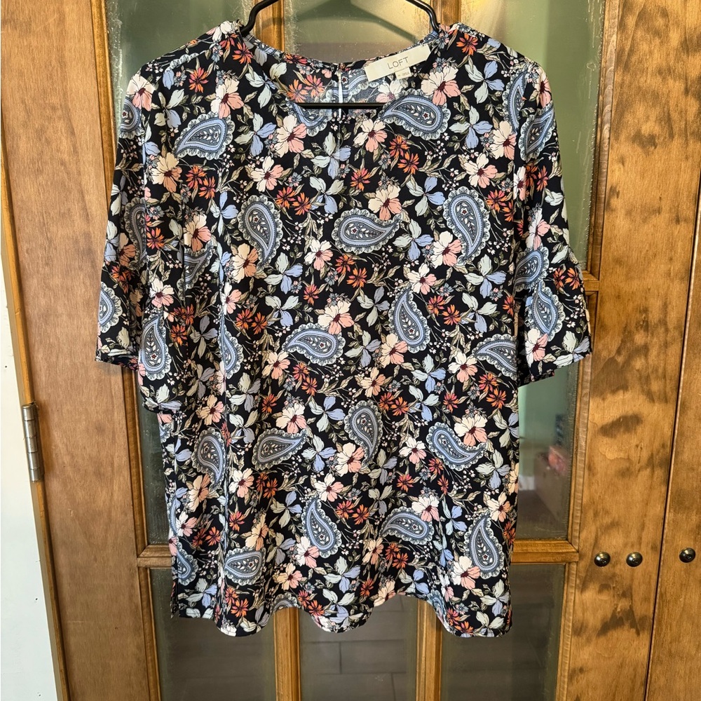 LOFT Blue and Brown Boxy Short Sleeve Blouse